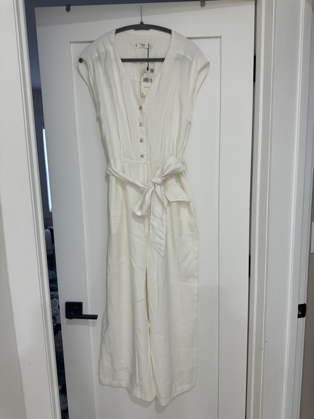 Mango Cream Sleeveless V-Neck Jumpsuit with Tie Waist